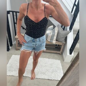 Le Lis Black & White Floral Thong Bodysuit Spaghetti Strap Summer Size S